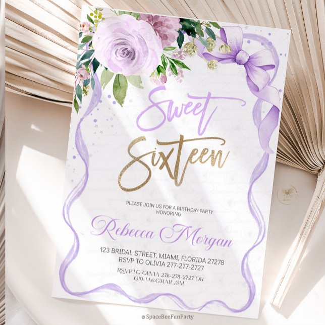 Sweet Sixteen 16th Inbjudningar (Sweet Sixteen, Sweet 16 Invitation, 16th Birthday, Pink Bow Invitation, Floral Watercolor, Birthday )