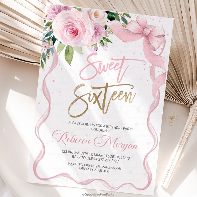 Sweet Sixteen 16th Inbjudningar (Sweet Sixteen, Sweet 16 Invitation, 16th Birthday, Pink Bow Invitation, Floral Watercolor, Birthday )