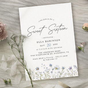 Sweet sixteen Airy Blue Wildblommor 16:e födelseda Inbjudningar