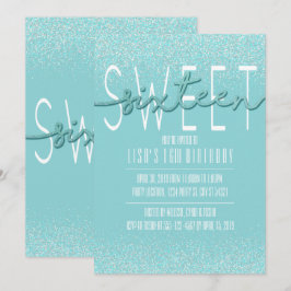 Sweet sixteen, Aqua Glitter födelsedagsinbjudan Inbjudningar