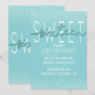 Sweet sixteen, Aqua Glitter födelsedagsinbjudan Inbjudningar