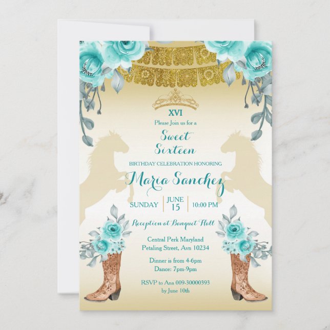 Sweet sixteen Aqual Teal Turcos Horse & Boots Inbjudningar (Framsida)