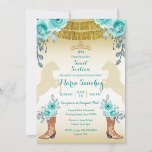 Sweet sixteen Aqual Teal Turcos Horse & Boots Inbjudningar
