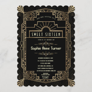 Sweet sixteen Art Deco Guld Underbar Gatsby 1920 Inbjudningar