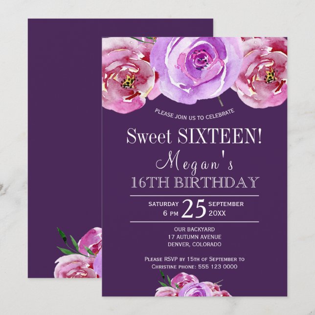 Sweet sixteen av blommigten för  av Plum violet ro Inbjudningar (Fram/baksida)