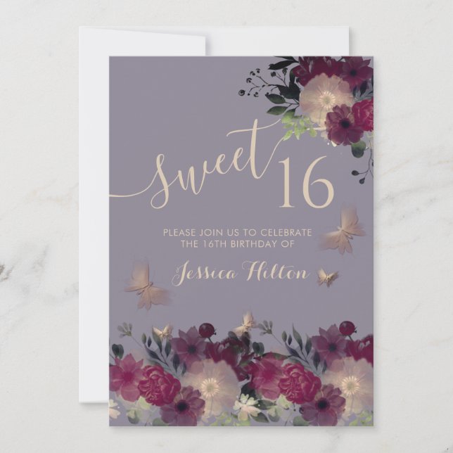 Sweet sixteen av fjäril-blommigt inbjudningar (Framsida)