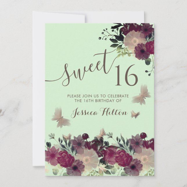 Sweet sixteen av fjäril-blommigt inbjudningar (Framsida)
