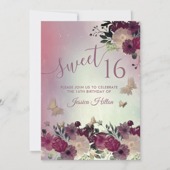 Sweet sixteen av fjärilsträdgård, blommigt inbjudningar (Framsida)