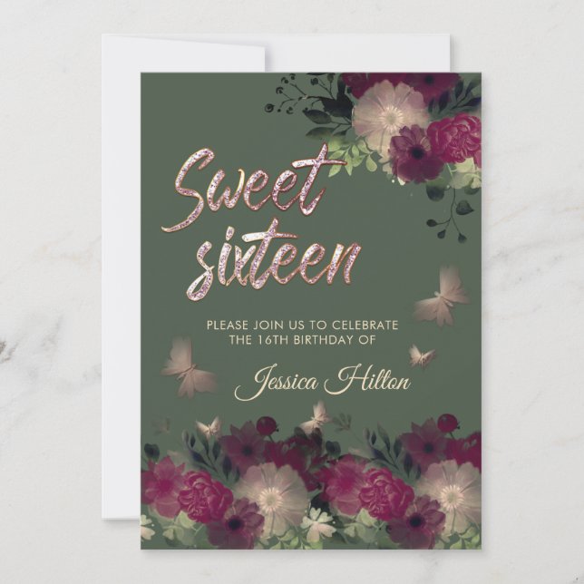 Sweet sixteen av fjärilsträdgård för blommigt inbjudningar (Framsida)