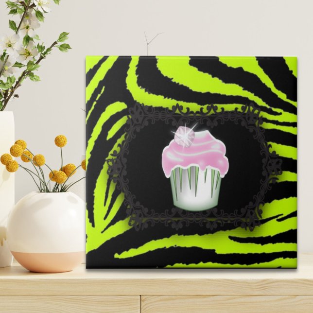 Sweet sixteen av grönt zebra tryck Rosa Cupcoa Kakelplatta (Lime green zebra print Pink Cupcake Sweet Sixteen Ceramic Tile)