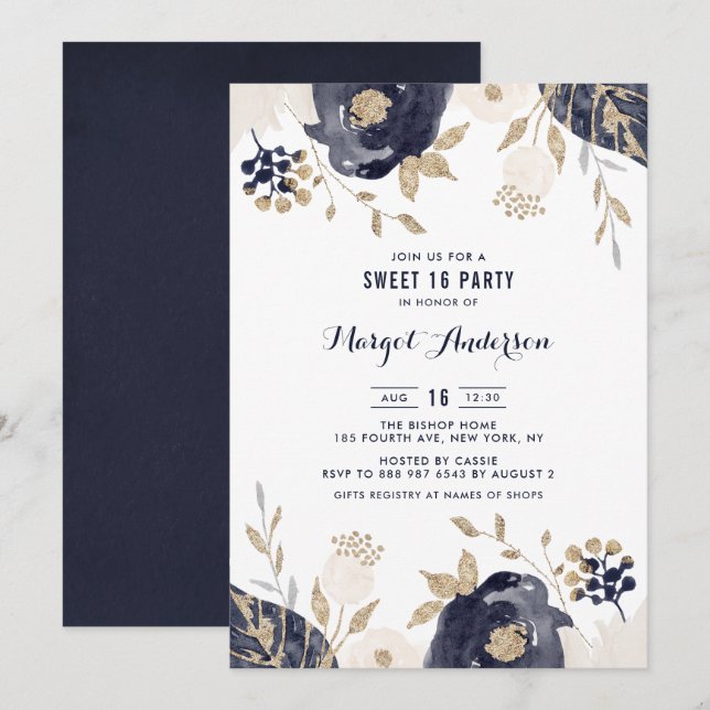 Sweet sixteen av guldblommor och guldblommor inbjudningar (Fram/baksida)