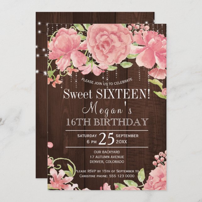 Sweet sixteen av  peonies barnwood i Rustisk blomm Inbjudningar (Fram/baksida)