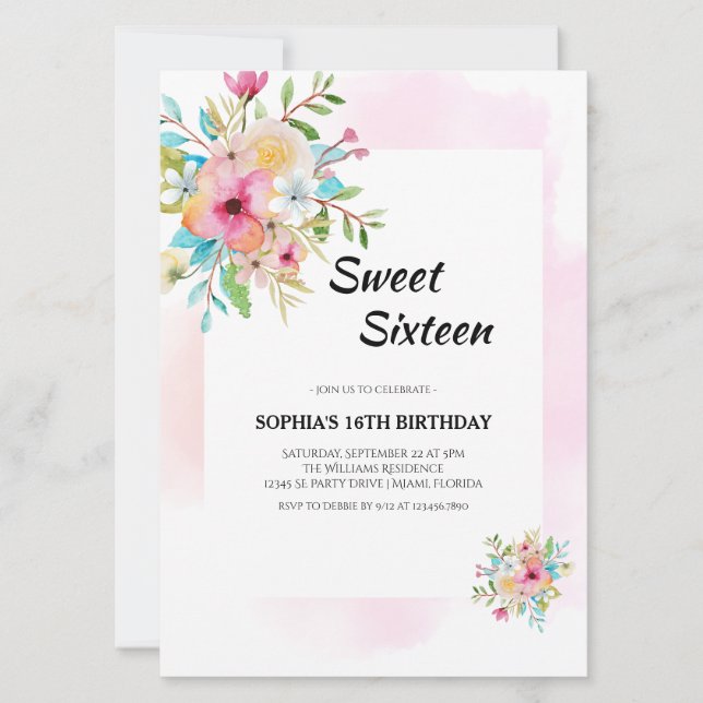 Sweet sixteen av vattenfärgen Blommigt med Rosa Ra Inbjudningar (Framsida)