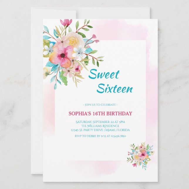 Sweet sixteen av vattenfärgen Blommigt med Rosa Ra Inbjudningar (Framsida)