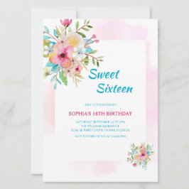 Sweet sixteen av vattenfärgen Blommigt med Rosa Ra Inbjudningar