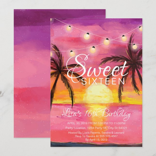 Sweet sixteen, Beach Sunset Birthday-inbjudan Inbjudningar (Fram/baksida)