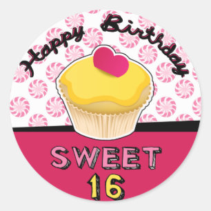 Sweet sixteen Birthday Cuptårta Stickers! Runt Klistermärke