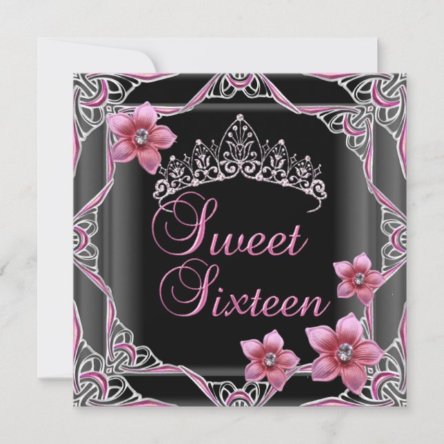 Sweet sixteen Birthday Sweet 16 Rosa Tiara Black Inbjudningar (Framsida)