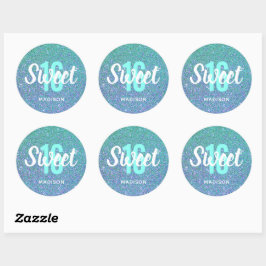 Sweet sixteen Birthday Teal Blue Modern Girls Namn Runt Klistermärke