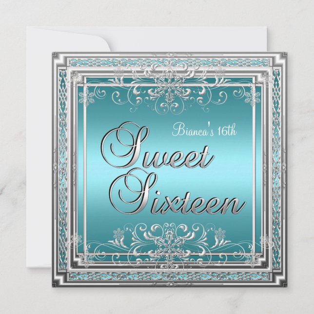 Sweet sixteen Birthday Teal Blue Silver Tonåring G Inbjudningar (Framsida)