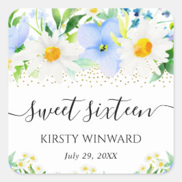 Sweet sixteen Blåa blommor och Daisy med vattenfär Fyrkantigt Klistermärke