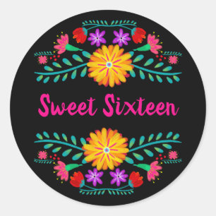 Sweet sixteen Black and Rosa Mexican Fiesta Blommi Runt Klistermärke