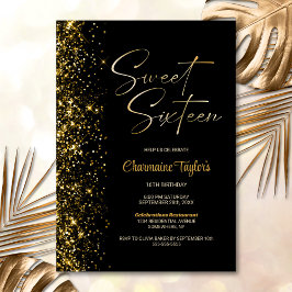 Sweet sixteen Black Guld Glitter Födelsedagsfest Inbjudningar