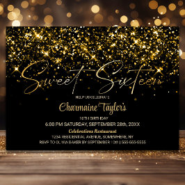 Sweet sixteen Black Guld Glitter Födelsedagsfest Inbjudningar