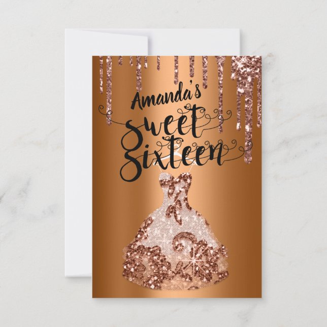 Sweet sixteen Blommigt Dress Glitter Drip Bronz Inbjudningar (Baksida)