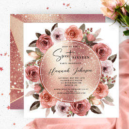 Sweet sixteen Blommigten Ro Guld Glitter Inbjudningar