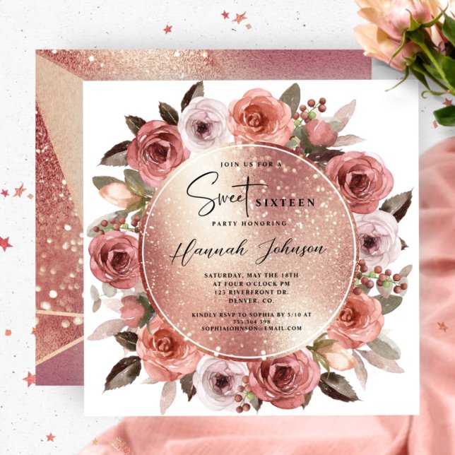 Sweet sixteen  Blommigten Ro Guld Glitter Inbjudningar (Skapare uppladdad)
