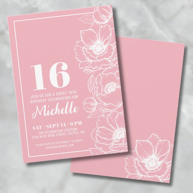 Sweet sixteen Blommigtens Rosa 16:e födelsedag Inbjudningar (Sweet Sixteen Elegant Pink Floral 16th Birthday Invitation)
