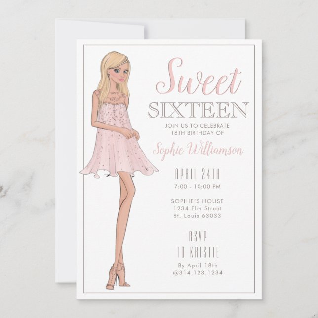 sweet sixteen Blonde Girl Birthday  Inbjudningar (Framsida)