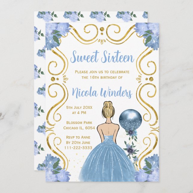 Sweet sixteen Blonde Princess i Blue Inbjudningar (Fram/baksida)