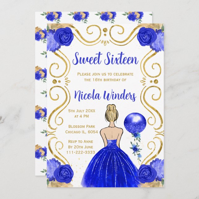 Sweet sixteen Blonde Princess i Royal Blue Inbjudningar (Fram/baksida)