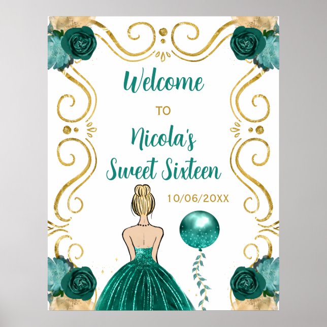 Sweet sixteen Blonde Princess Teal Blue Välkommen Poster (Framsidan)