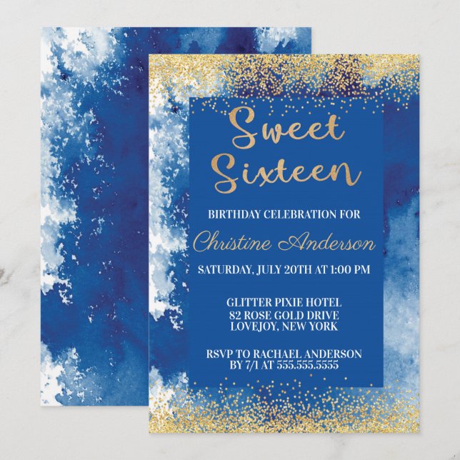 Sweet sixteen Blue Guld Glitter Watercolor Inbjudningar (Fram/baksida)