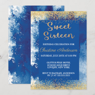 Sweet sixteen Blue Guld Glitter Watercolor Inbjudningar