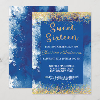 Sweet sixteen Blue Guld Glitter Watercolor Inbjudningar