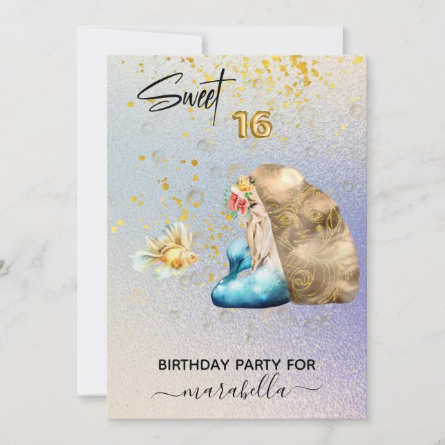 *~* SWEET SIXTEEN Blue Sjöjungfru Ombre 16 Birthda Inbjudningar (Framsida)