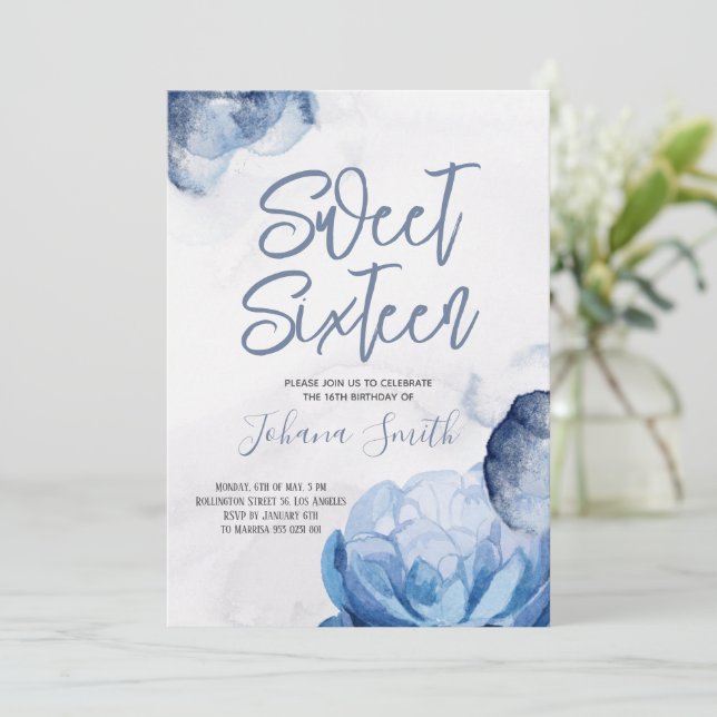 Sweet sixteen Blue Watercolor 16:e födelsedagen Inbjudningar (Stående Fram)