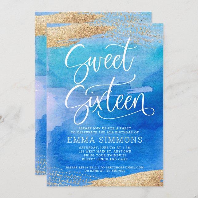 Sweet sixteen Blue Watercolor Guld Birthday Inbjudningar (Fram/baksida)