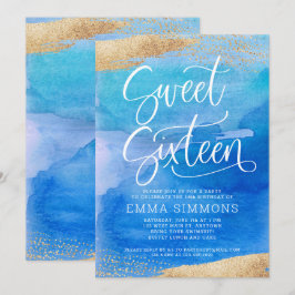 Sweet sixteen Blue Watercolor Guld Birthday Inbjudningar