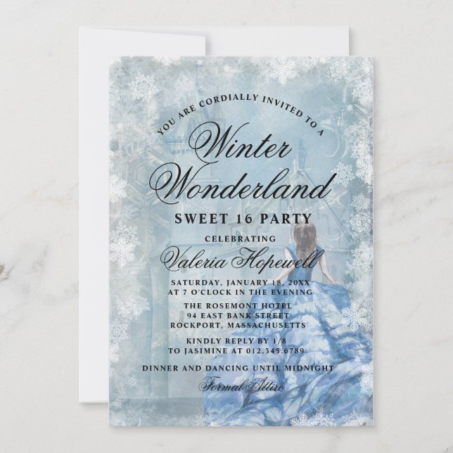 Sweet sixteen Blue Winter Wonderland Princess Inbjudningar (Framsida)