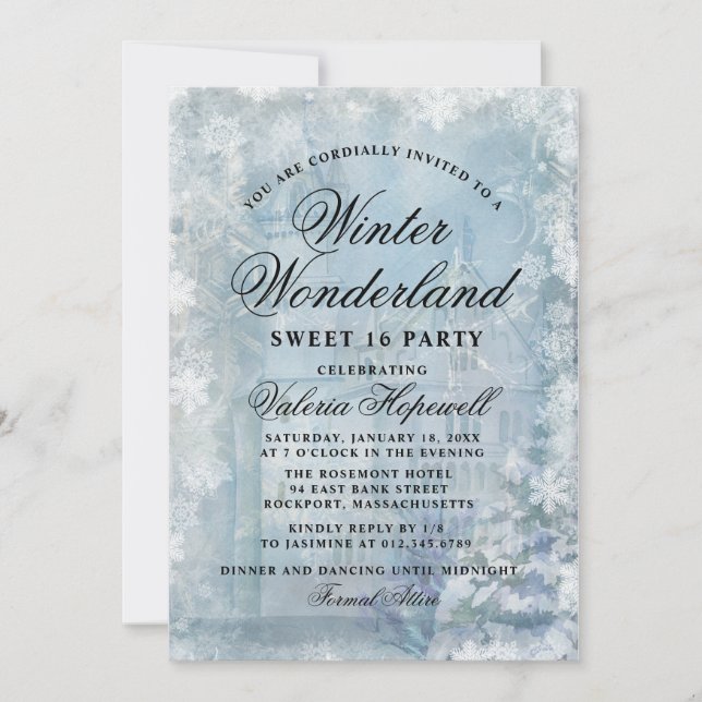 Sweet sixteen Blue Winter Wonderland Snowflake Inbjudningar (Framsida)