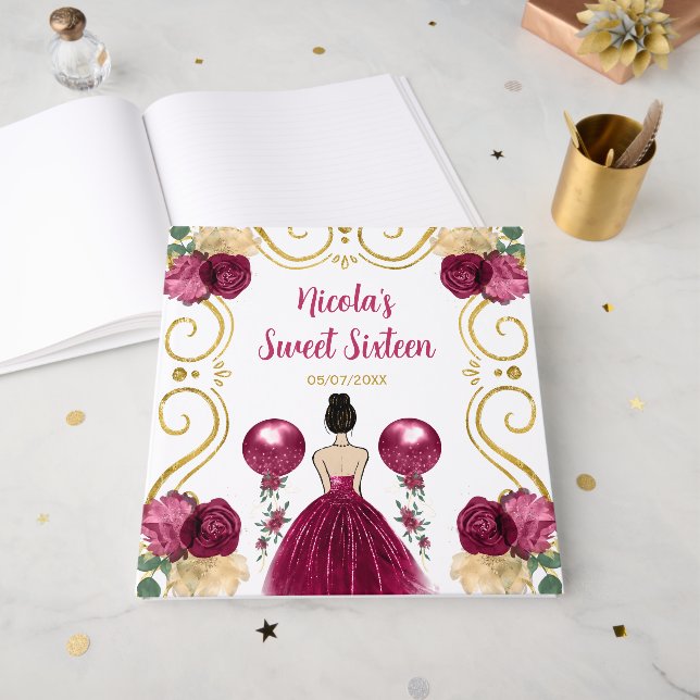 Sweet Sixteen Brown Hair Princess in Burgundy Gästböcker (Framsidan öppen)