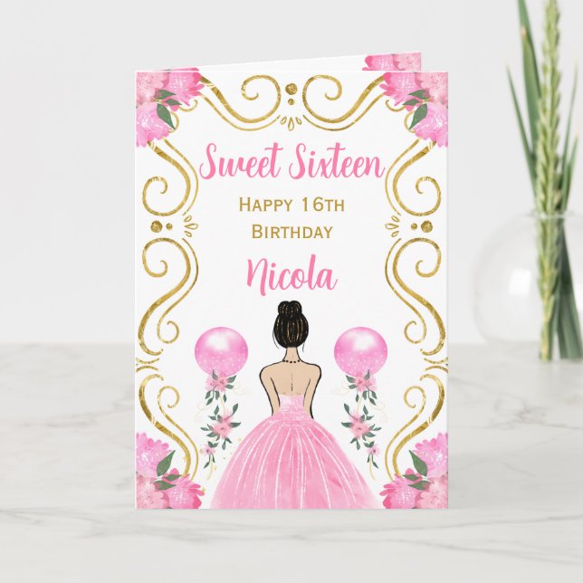 Sweet sixteen Brown Hair Princess Rosa Birthday Kort (Framsida)