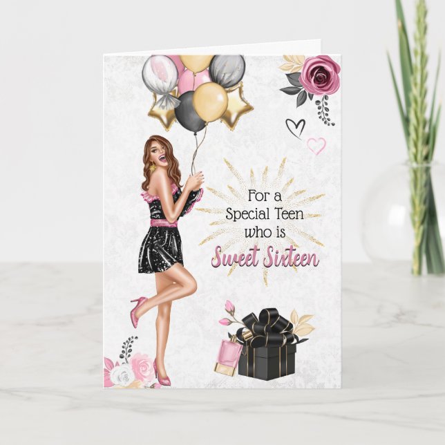 Sweet sixteen Brunette Girl Grattis på födelsedage Helgkort (Framsida)