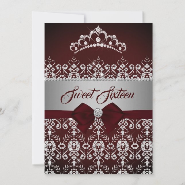 Sweet sixteen Burgundy Gnistra Diamond Tiara Bow Inbjudningar (Framsida)