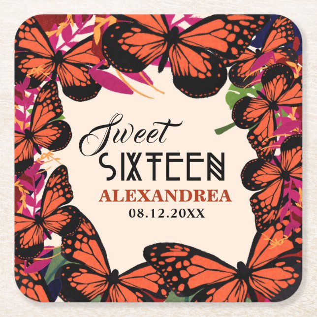 Sweet sixteen Butterflies-Blommigt Underlägg Papper Kvadrat (Framsidan)